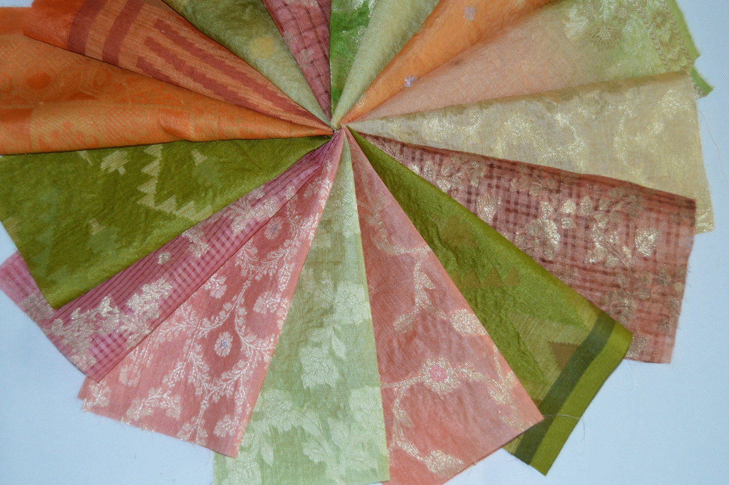 10 Inch x 16 Pieces Orange Green Upcycled Sari Silk Squares