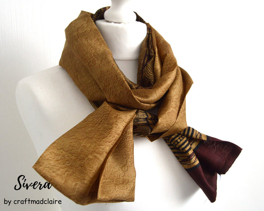 Beige Brown Upcycled Sari Silk Scarf