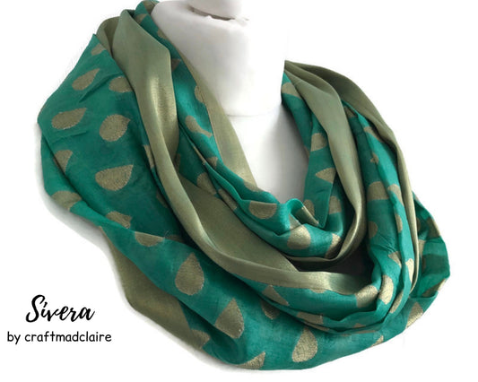Aqua Gold Brocade Sari Silk Scarf