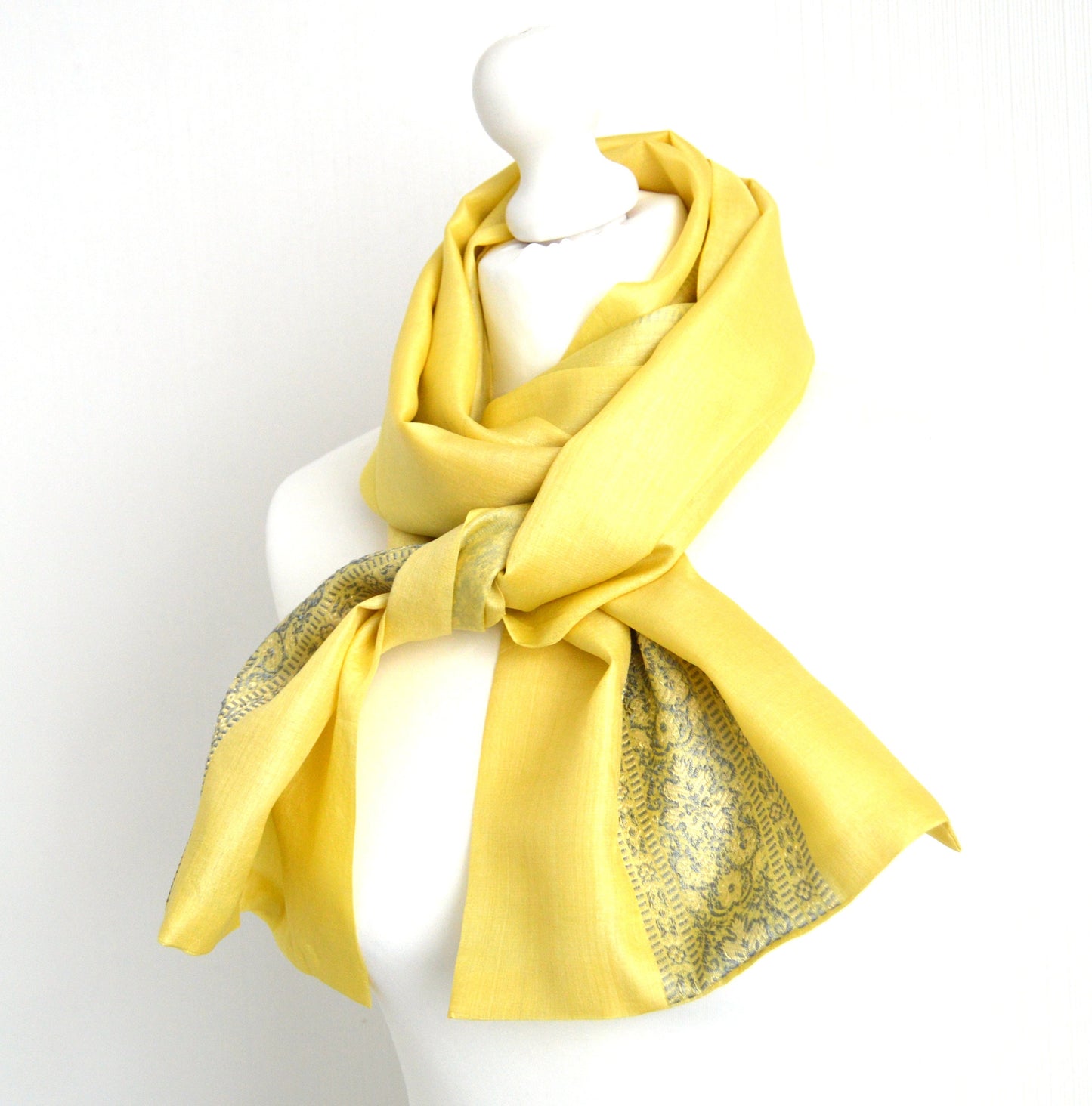 Pastel Yellow Grey Upcycled Vintage Sari Silk Scarf
