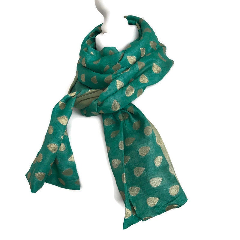 Aqua Gold Brocade Sari Silk Scarf