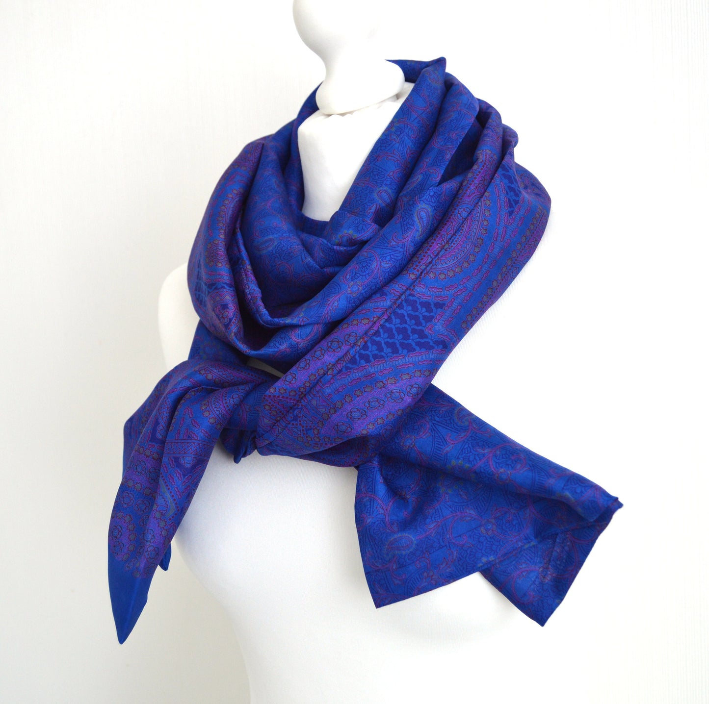 Royal Blue Magenta Upcycled Vintage Sari Silk Scarf