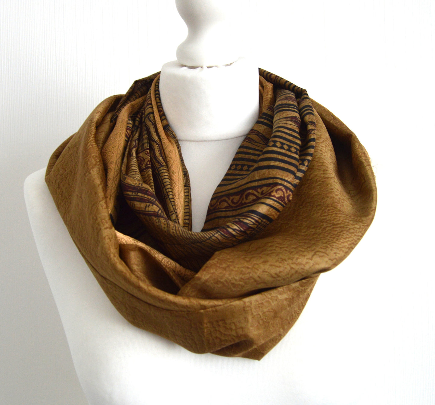 Beige Brown Upcycled Sari Silk Scarf
