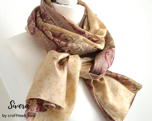 Cream Pink Paisley Upcycled Sari Silk Scarf