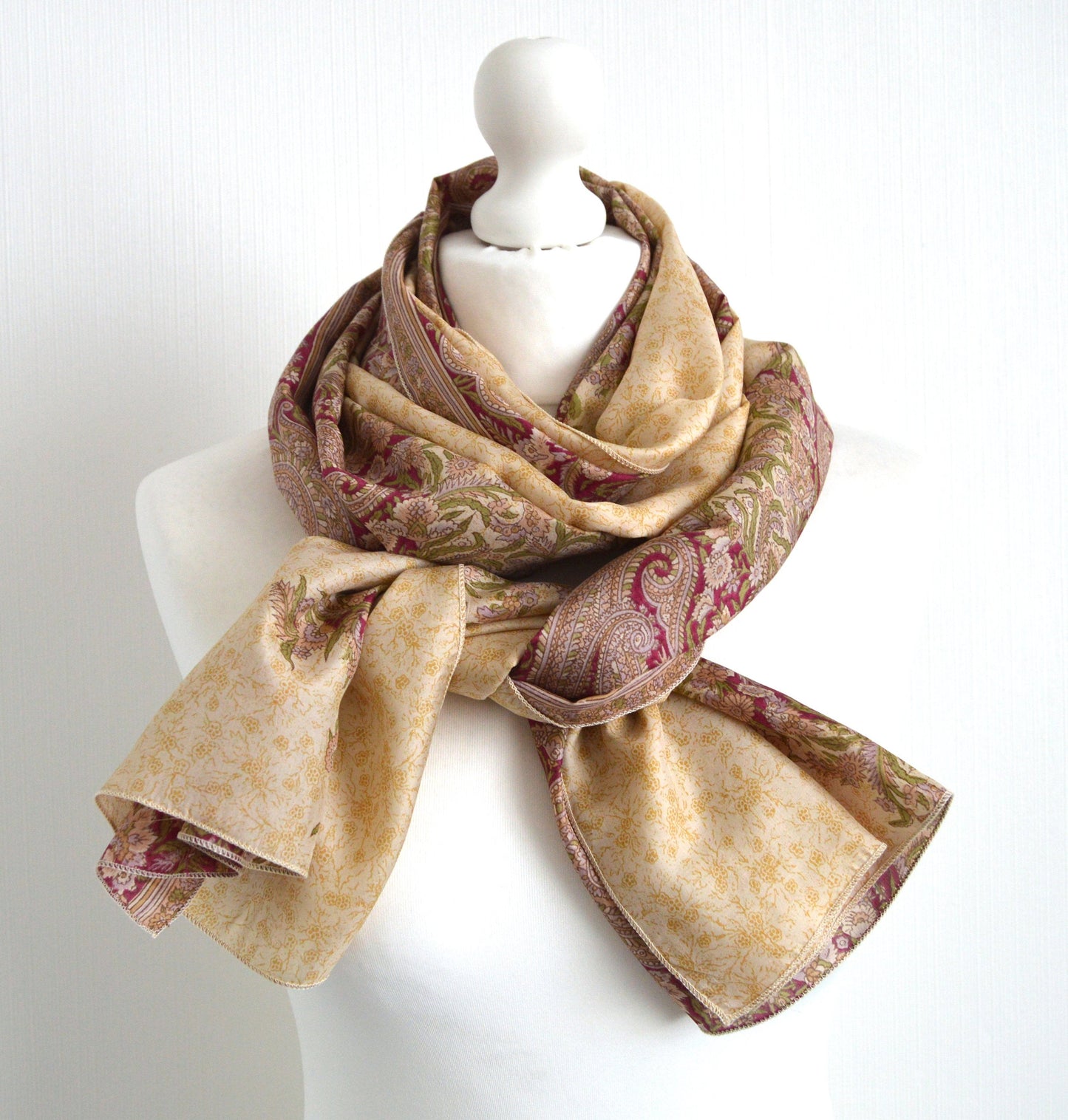 Cream Pink Paisley Upcycled Sari Silk Scarf