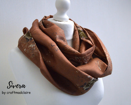 Beige Floral Upcycled Vintage Sari Silk Scarf - Lightweight Spring Summer Womens Scarf - Bohemian Eco Friendly Mothers Day Gift For Her