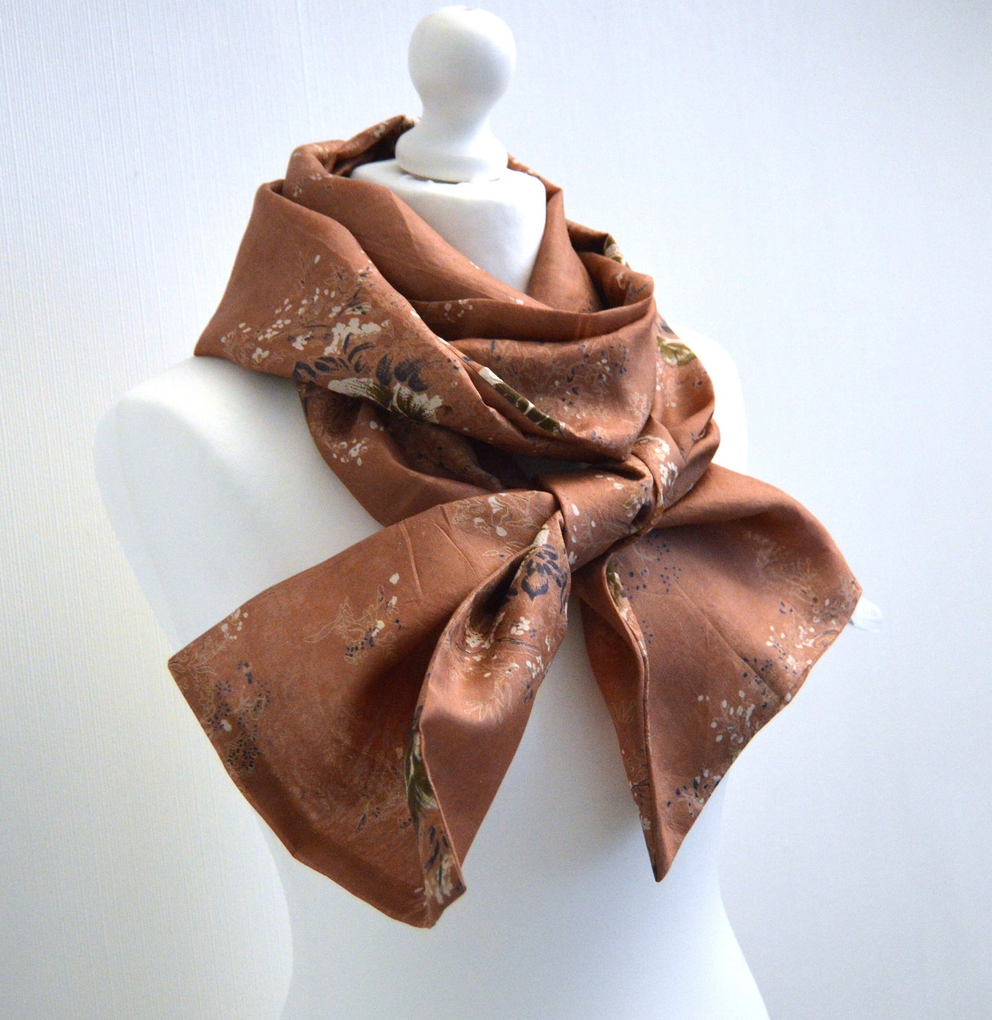 Beige Floral Upcycled Vintage Sari Silk Scarf - Lightweight Spring Summer Womens Scarf - Bohemian Eco Friendly Mothers Day Gift For Her