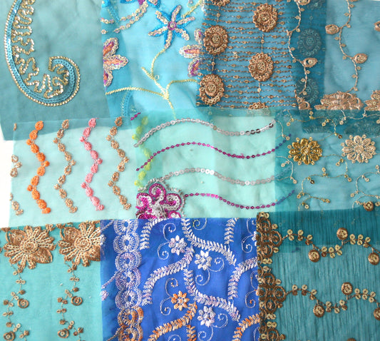 Teal Blue Assorted Embellished Sari Fabric Remnants Scraps - 10 Pieces