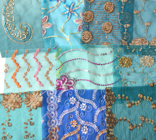 Teal Blue Assorted Embellished Sari Fabric Remnants Scraps - 10 Pieces