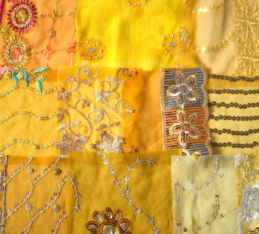 Yellow Assorted Embellished Sari Fabric Remnants Scraps - 10 Pieces