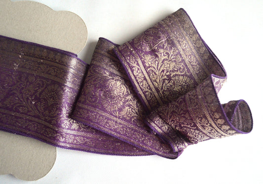 Purple Brocade Floral Pure Silk Vintage Recycled Upcycled Sari Silk Ribbon Border
