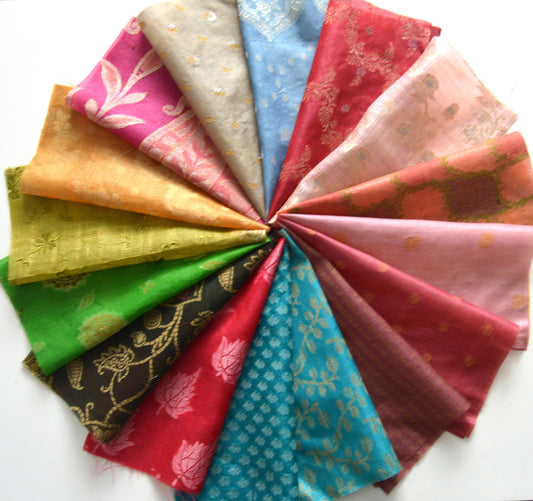 5 Inch x 16 Pieces Mixed Recycled Vintage Sari Squares Brocade Craft Fabric Card Making Collage Mixed Media Textile Art Sewing Junk Journal