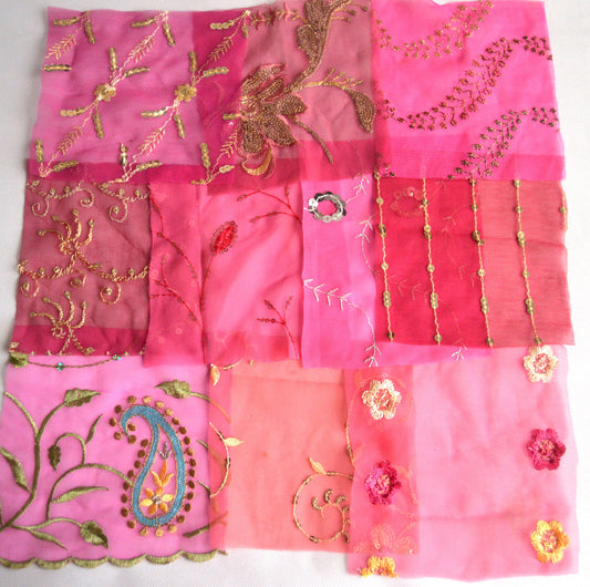 Pink Assorted Embellished Sari Fabric Remnants Scraps - 10 Pieces