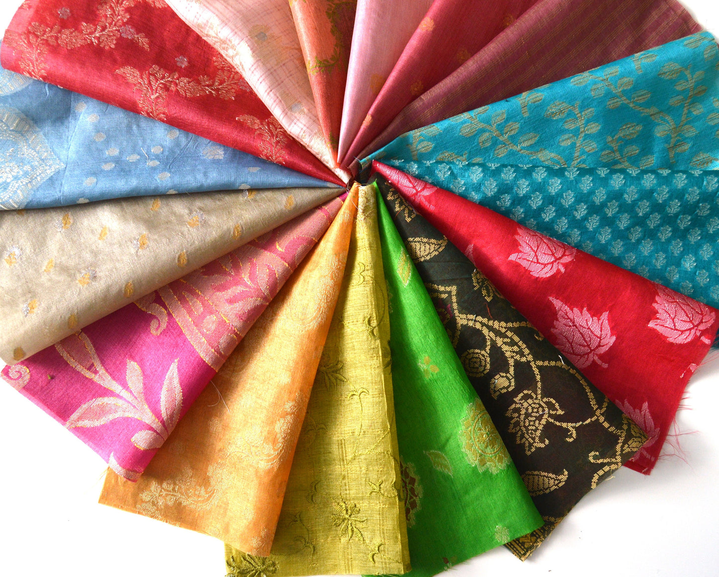5 Inch x 16 Pieces Mixed Recycled Vintage Sari Squares Brocade Craft Fabric Card Making Collage Mixed Media Textile Art Sewing Junk Journal