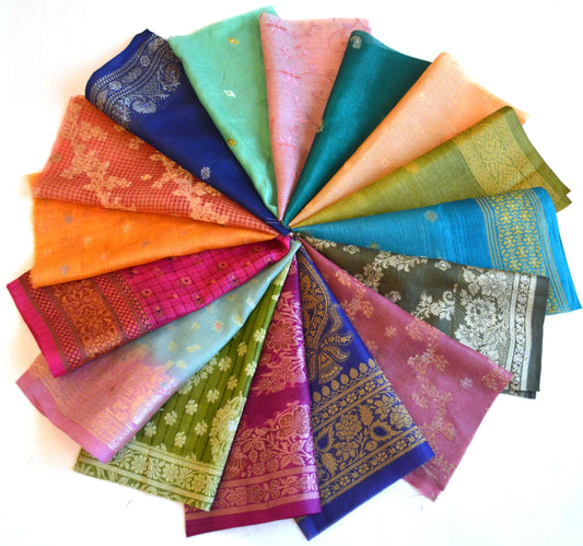 5 Inch x 16 Pieces Mixed Colour Upcycled Sari Silk Craft Fabric Card Making Collage Mixed Media Textile Art Sewing Junk Journals