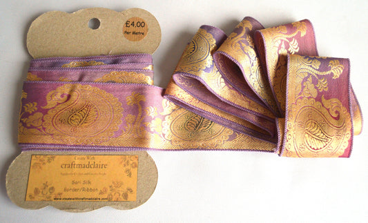 Lilac Pink Brocade Floral Vintage Recycled Upcycled Sari Silk Ribbon Border