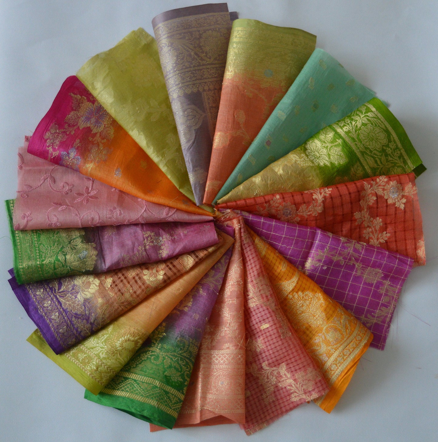 10 Inch x 16 Pieces Mixed Colour Recycled Vintage Sari Scraps Remnant Brocade Craft Fabric Collage Mixed Media Textile Art Junk Journals
