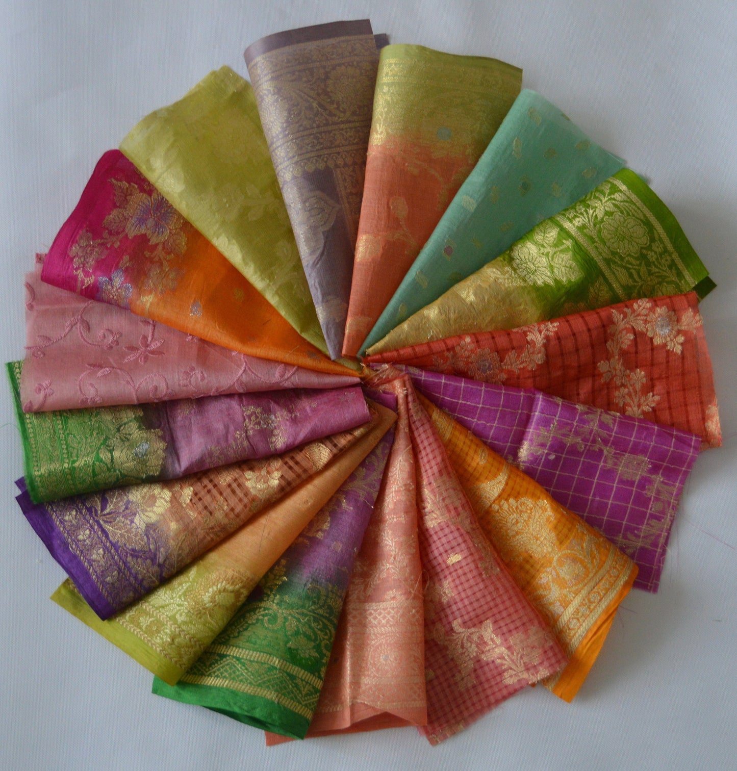 10 Inch x 16 Pieces Mixed Colour Recycled Vintage Sari Scraps Remnant Brocade Craft Fabric Collage Mixed Media Textile Art Junk Journals