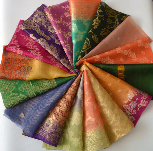 5 Inch x 16 Pieces Mixed Recycled Vintage Sari Squares Brocade Craft Fabric Card Making Collage Mixed Media Textile Art Sewing Junk Journal