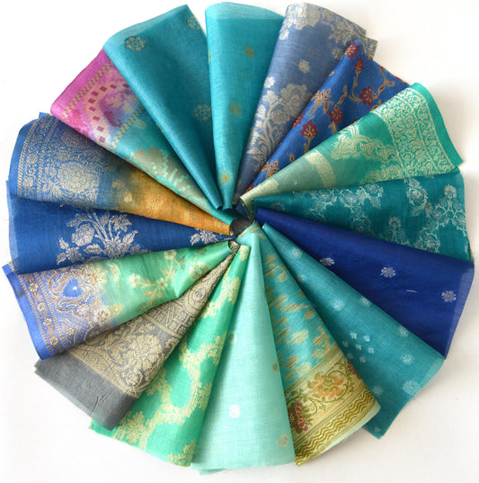5 Inch x 16 Pieces Blue Shades Recycled Vintage Sari Squares Craft Fabric Card Making Collage Mixed Media Textile Art Sewing Junk Journal