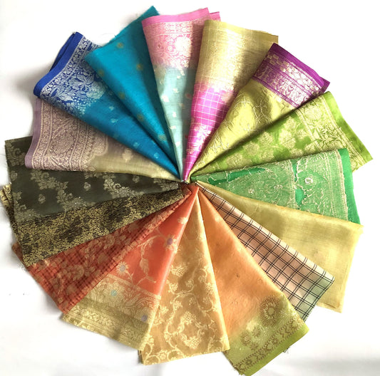 5 Inch x 16 Pieces Mixed Colour Recycled Vintage Sari Scraps Craft Fabric Card Making Collage Mixed Media Textile Art Sewing Junk Journals
