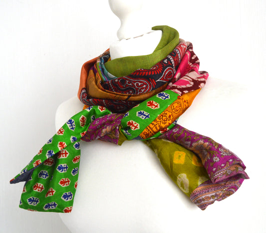 Patchwork Pure Silk Scarf - Upcycled Sari Silk Scarf - Recycled Sari Silk Scarf - Indian Silk Scarf - Handmade Pure Silk Scarf