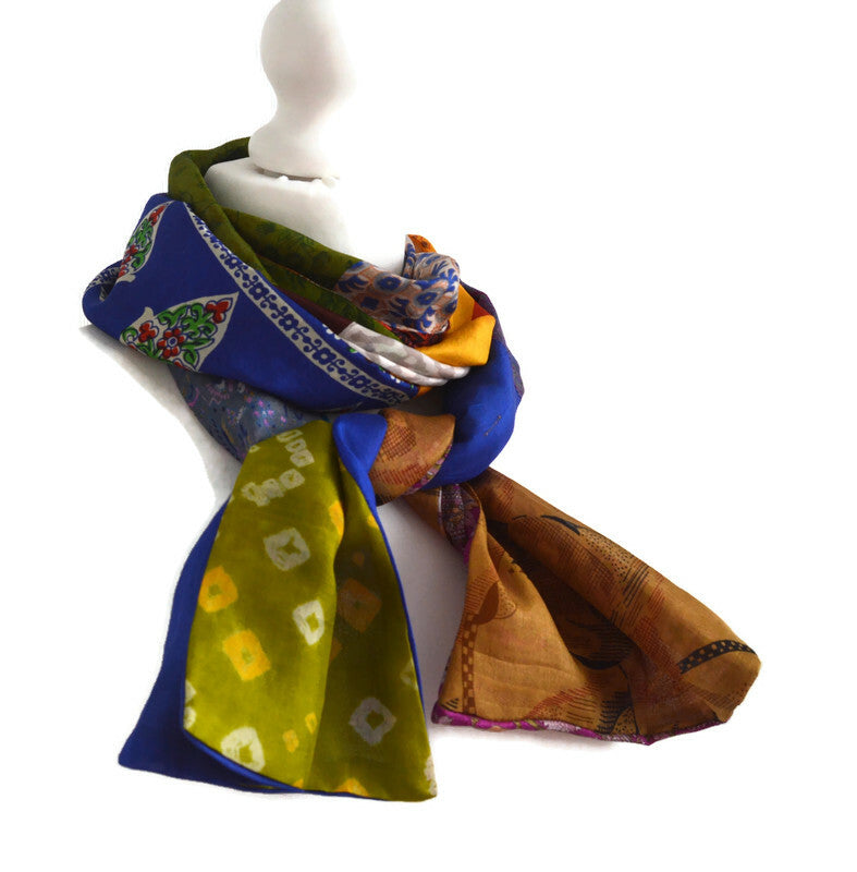 Patchwork Pure Silk Scarf - Upcycled Sari Silk Scarf - Recycled Sari Silk Scarf - Indian Silk Scarf - Handmade Pure Silk Scarf