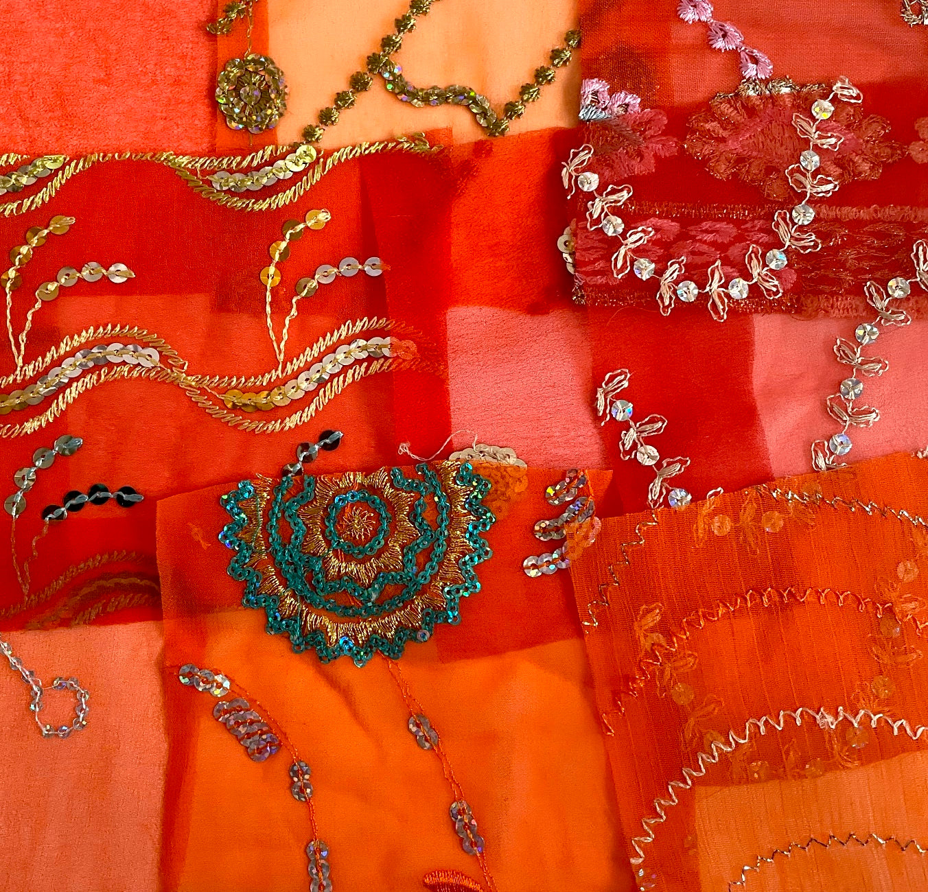 Orange Assorted Embellished Sari Fabric Remnants Scraps - 10 Pieces