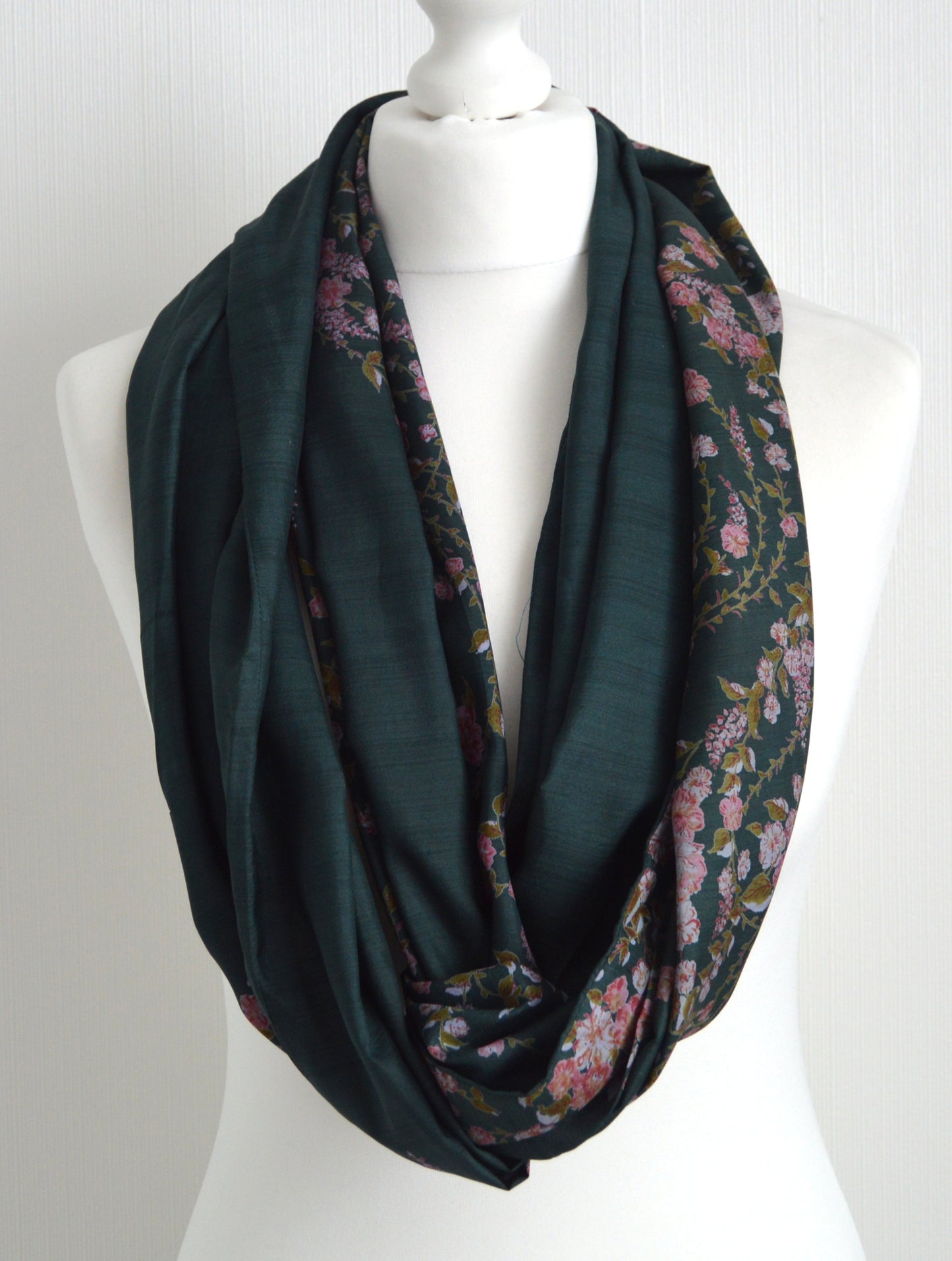 Green Floral Sari Silk Scarf - Boho Handmade Womens Scarf - Eco Friendly Autumn Fall Winter Trend Unique Upcycled Christmas Gift For Her