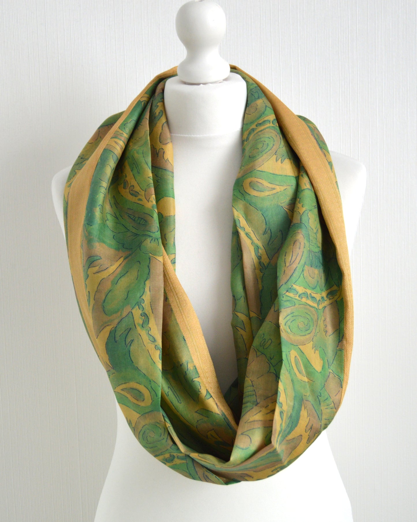 Yellow Green Abstract Upcycled Vintage Sari Silk Scarf - Sohpisticated Bohemian Lightweight Womens Scarf - Handmade Upcycled Sari Scarf Amazing Gift For Her