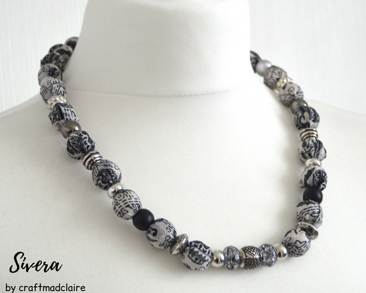 Black Grey Silver Sari Silk Necklace - Sophisticated Bohemian Eco Friendly Upcycled Sari Silk necklace - Unique Gift