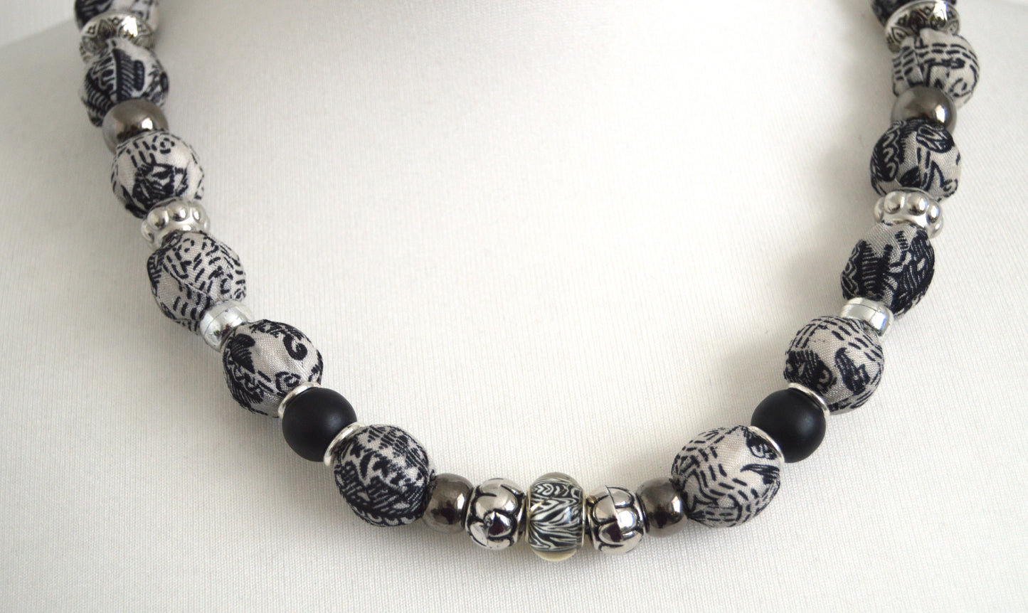 Black Grey Silver Sari Silk Necklace - Sophisticated Bohemian Eco Friendly Upcycled Sari Silk necklace - Unique Gift