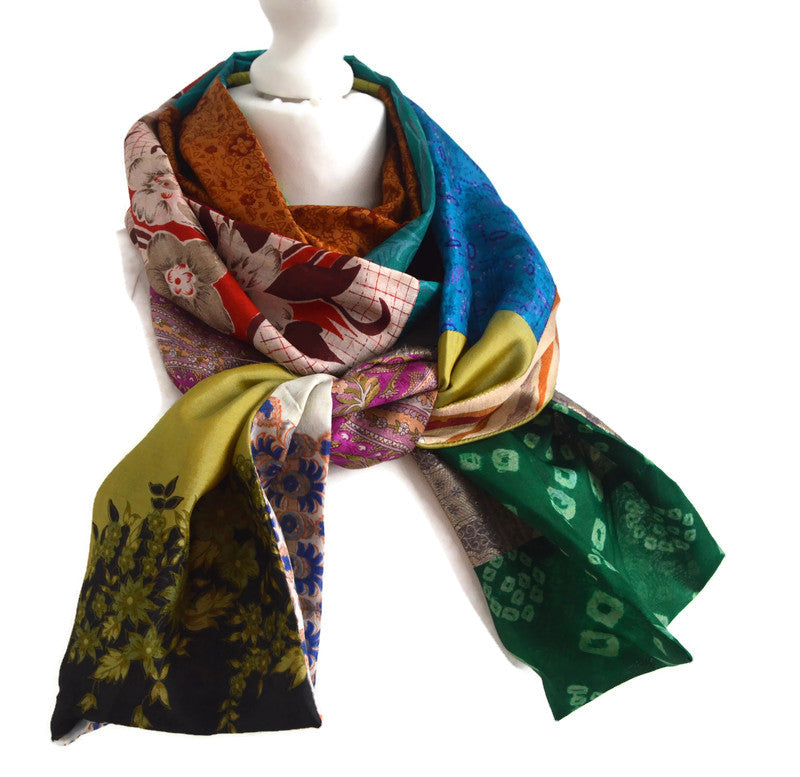 Patchwork Pure Silk Scarf - Upcycled Sari Silk Scarf - Recycled Sari Silk Scarf - Indian Silk Scarf - Handmade Pure Silk Scarf
