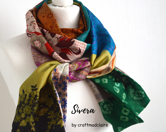 Patchwork Pure Silk Scarf - Upcycled Sari Silk Scarf - Recycled Sari Silk Scarf - Indian Silk Scarf - Handmade Pure Silk Scarf