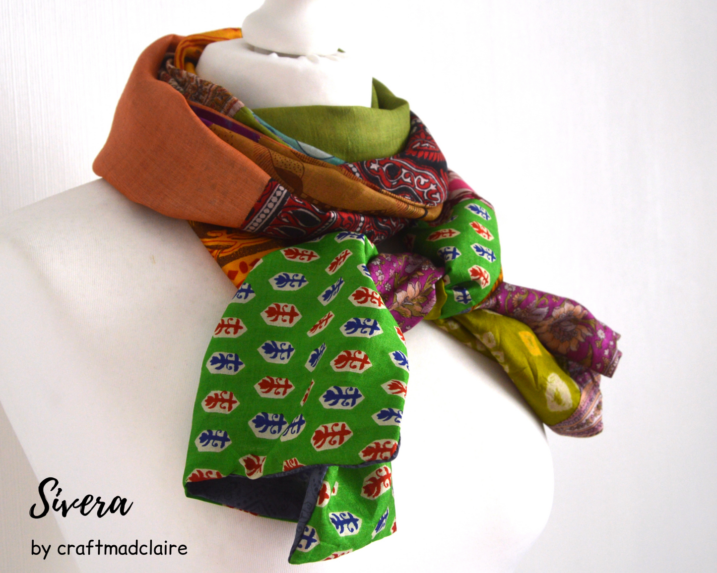 Patchwork Pure Silk Scarf - Upcycled Sari Silk Scarf - Recycled Sari Silk Scarf - Indian Silk Scarf - Handmade Pure Silk Scarf