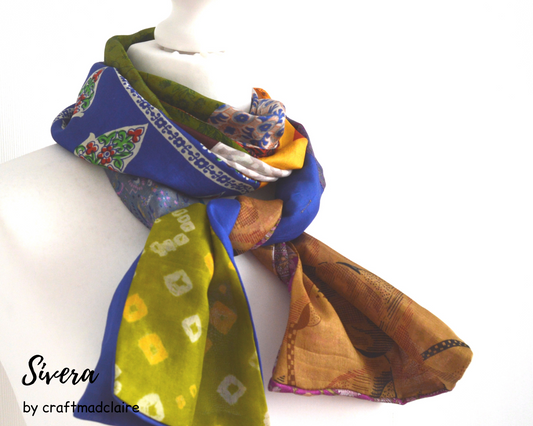 Patchwork Pure Silk Scarf - Upcycled Sari Silk Scarf - Recycled Sari Silk Scarf - Indian Silk Scarf - Handmade Pure Silk Scarf