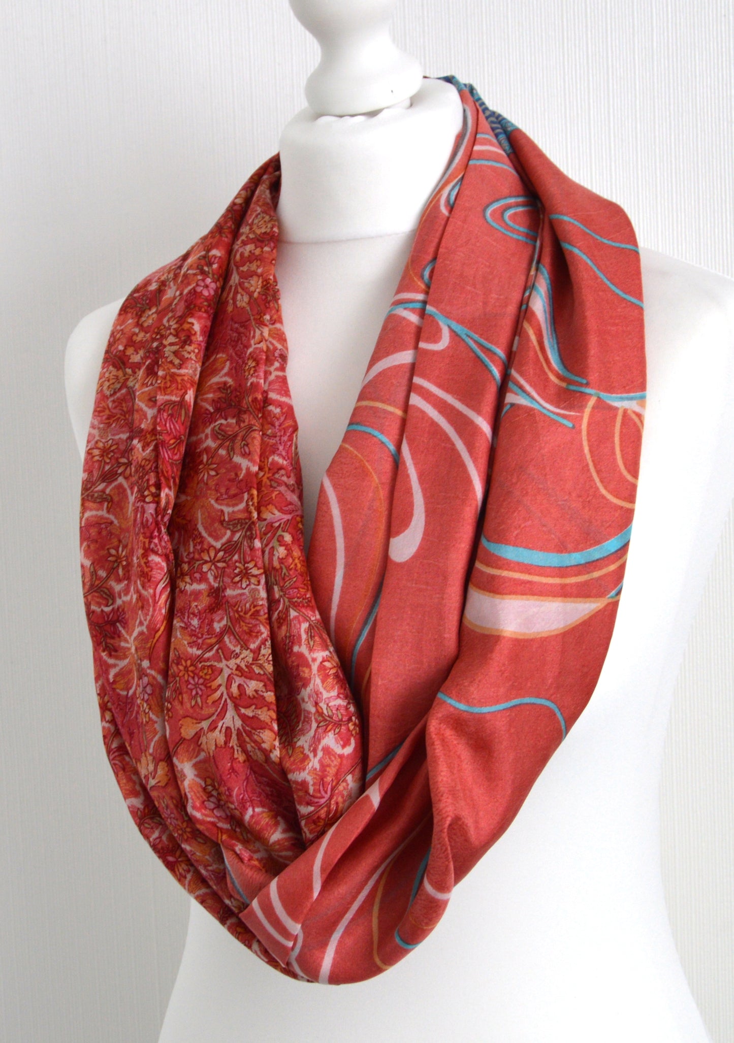 Salmon Aqua Upcycled Vintage Sari Silk Infinity Loop Scarf - Bohemian Eco Friendly Zero Waste Spring summer Trend Gift For Her