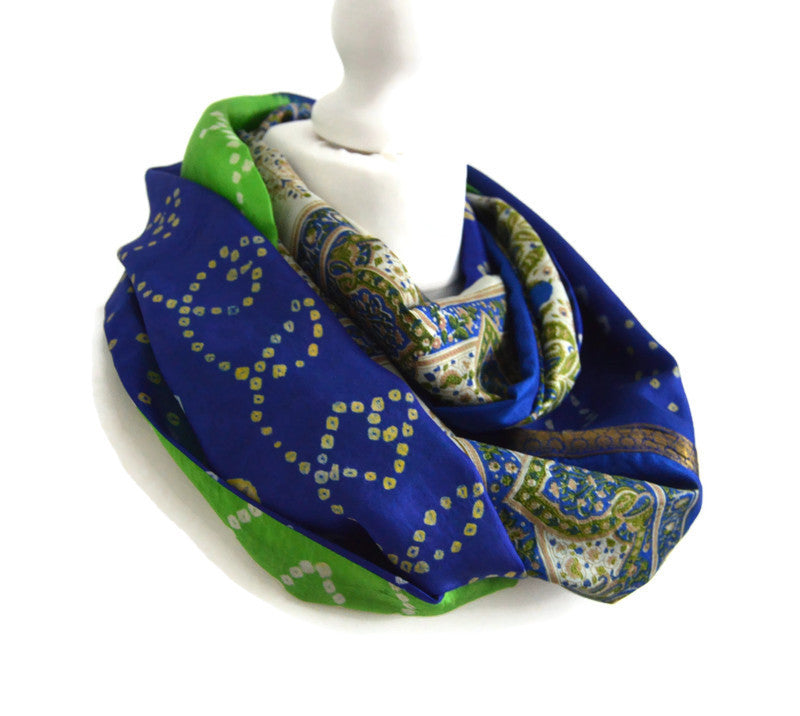 Blue Green Two Tone Sari Silk Infinity Scarf - Boho Eco Friendly Gift For Her - Unique Sophisticated Bohemian Autumn Fall Winter Scarf