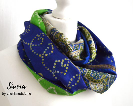 Blue Green Two Tone Sari Silk Infinity Scarf - Boho Eco Friendly Gift For Her - Unique Sophisticated Bohemian Autumn Fall Winter Scarf