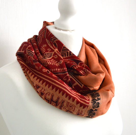 Caramel Red Upcycled Sari Silk Infinity Loop Scarf - Sophisticated Boho Spring Summer Winter Scarf - Eco Friendly Upcycled Gift For Her