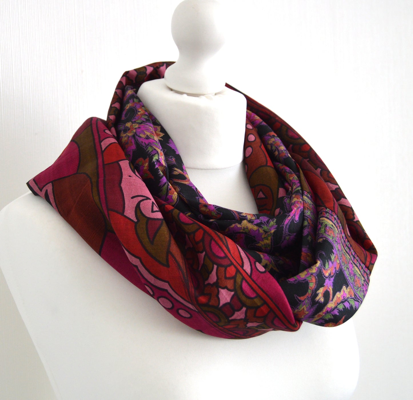 Black Magenta Upcycled Vintage Sari Silk Infinity Loop Scarf - Eco Friendly Zero Waste Womens Scarf - Perfect Mothers Day Gift For Her