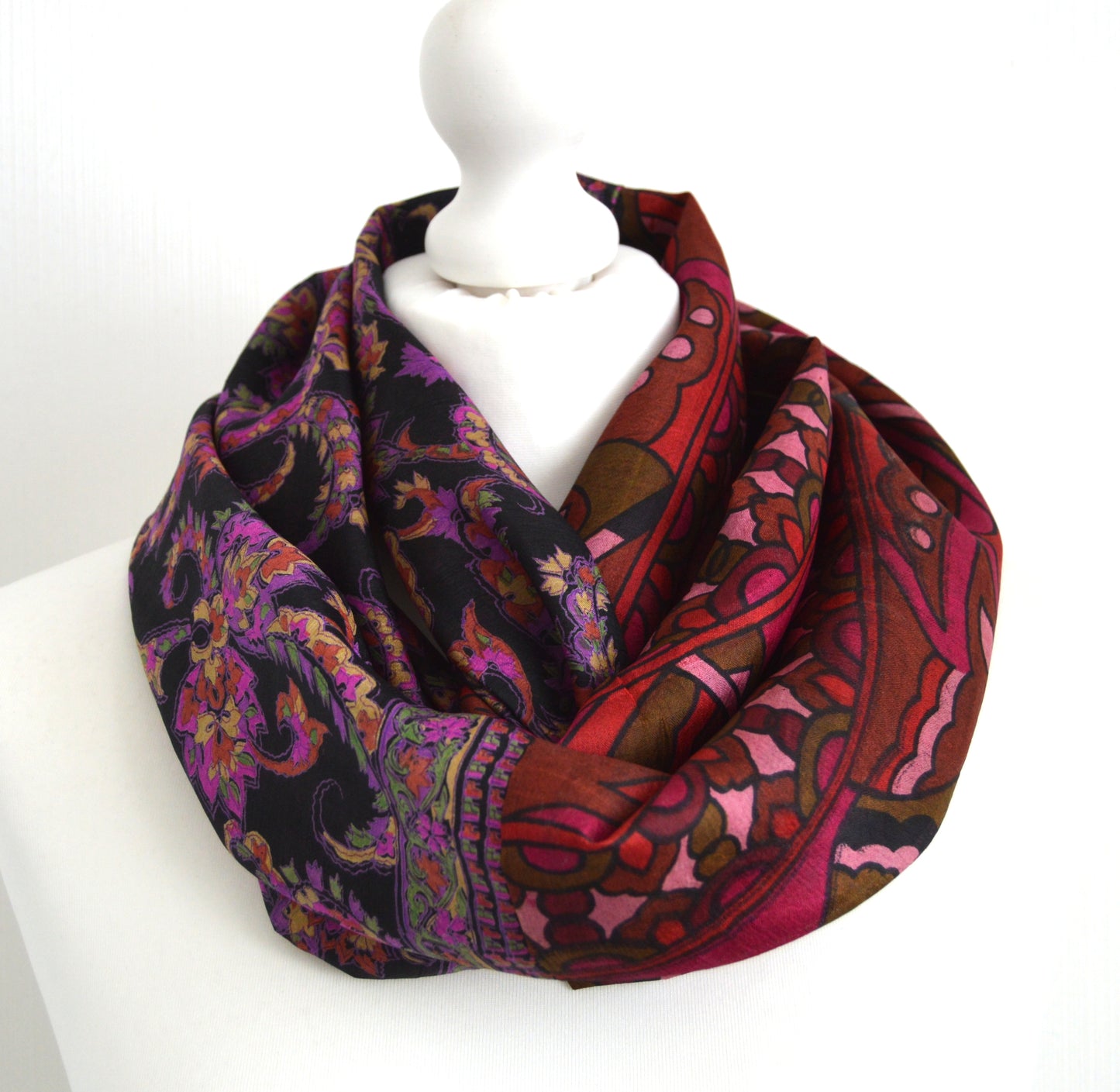 Black Magenta Upcycled Vintage Sari Silk Infinity Loop Scarf - Eco Friendly Zero Waste Womens Scarf - Perfect Mothers Day Gift For Her