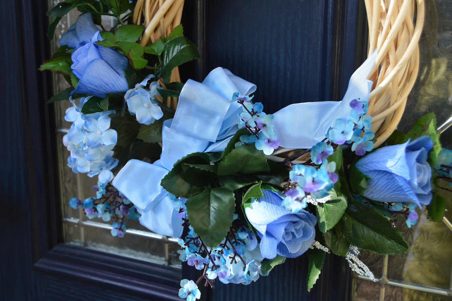 Blue Artificial Flower Natural Willow Spring Door Wall Wreath 25cm