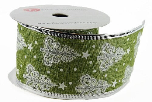 60mm Green White Christmas Tree Hessian Wired Edge Ribbon - 10 Yards / 9.1 Metre