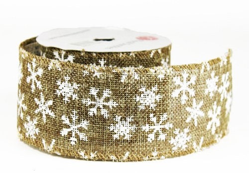 60mm White Snowflake Hessian Wired Edge Ribbon - 10 Yards / 9.1 Metre