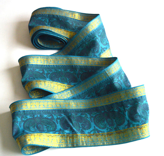 Teal & Gold Pure Silk Vintage Recycled Upcycled Sari Silk Ribbon