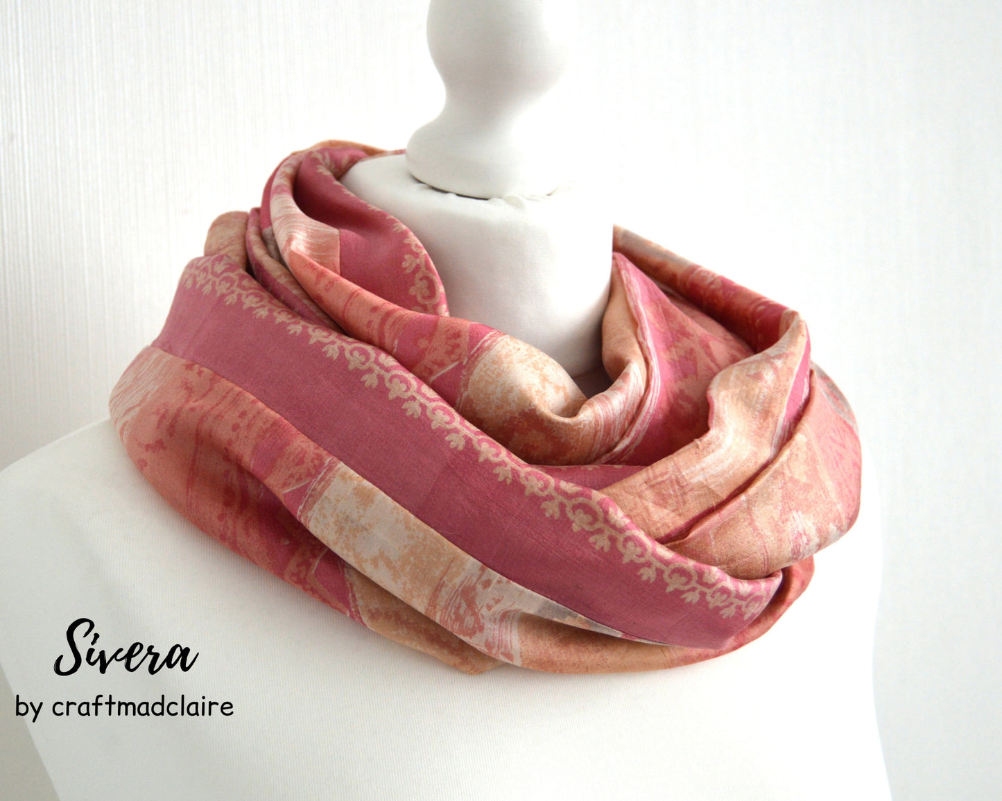 Peach Cream Beige Upcycled Vintage Sari Silk Scarf