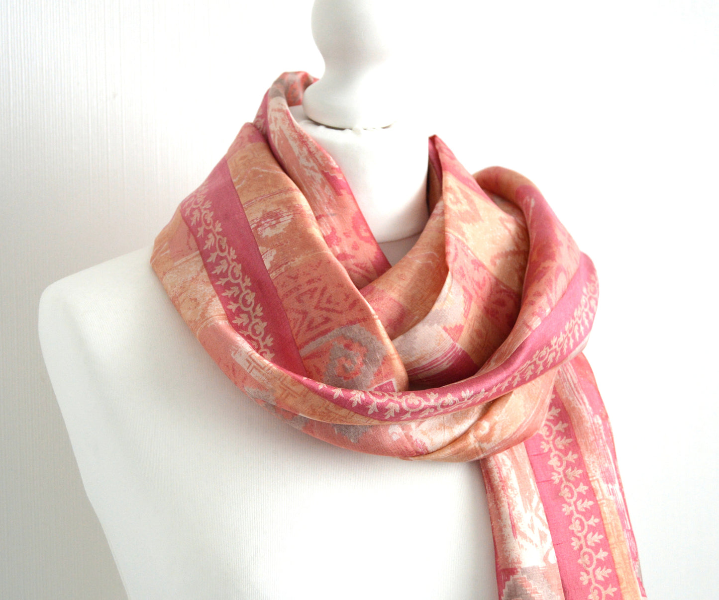 Peach Cream Beige Upcycled Vintage Sari Silk Scarf