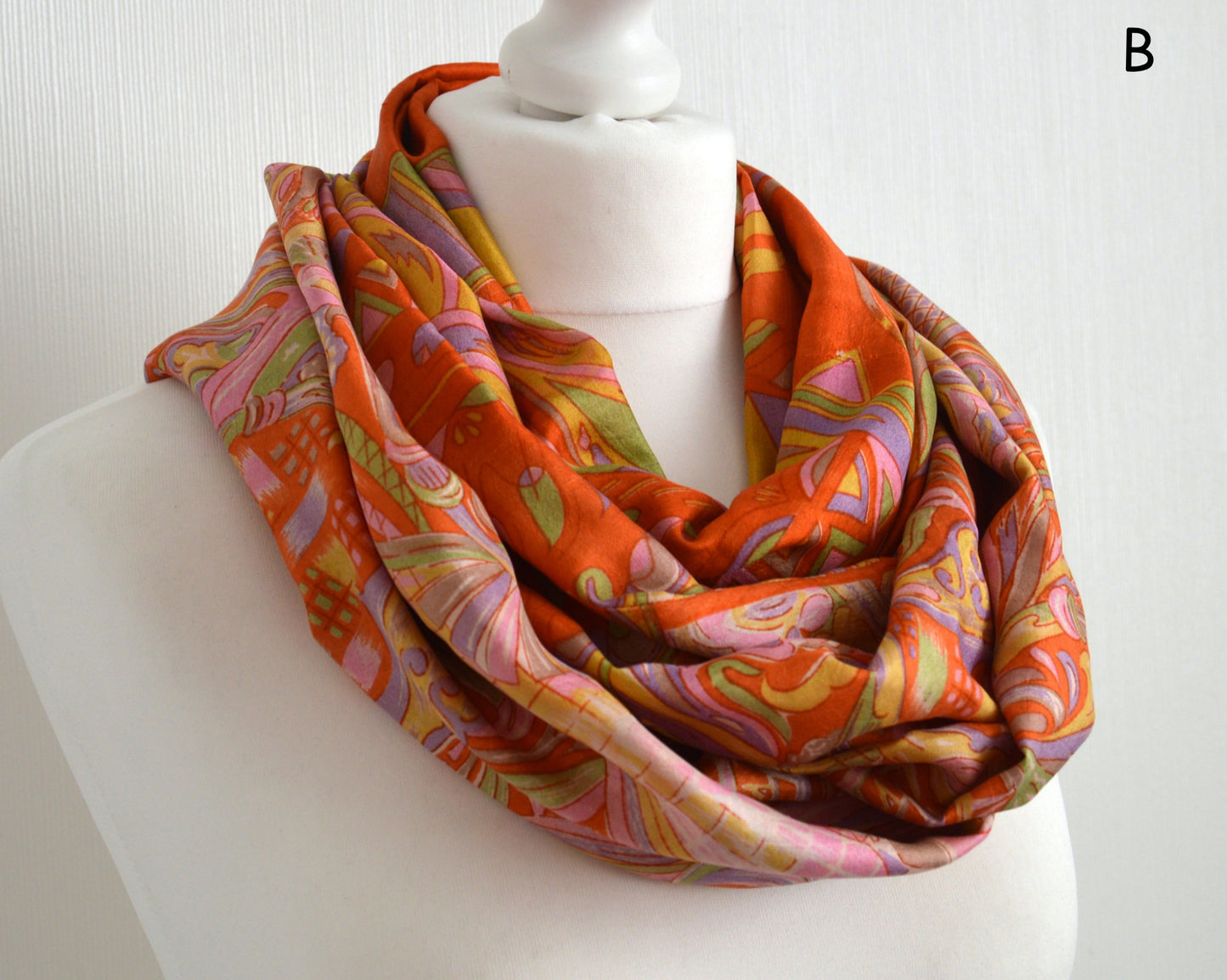 Orange Abstract Bohemian Upcycled Sari Silk Scarf - Eco Friendly Autumn Fall Winter Womens Scarf - Christmas Letterbox Lockdown Gift