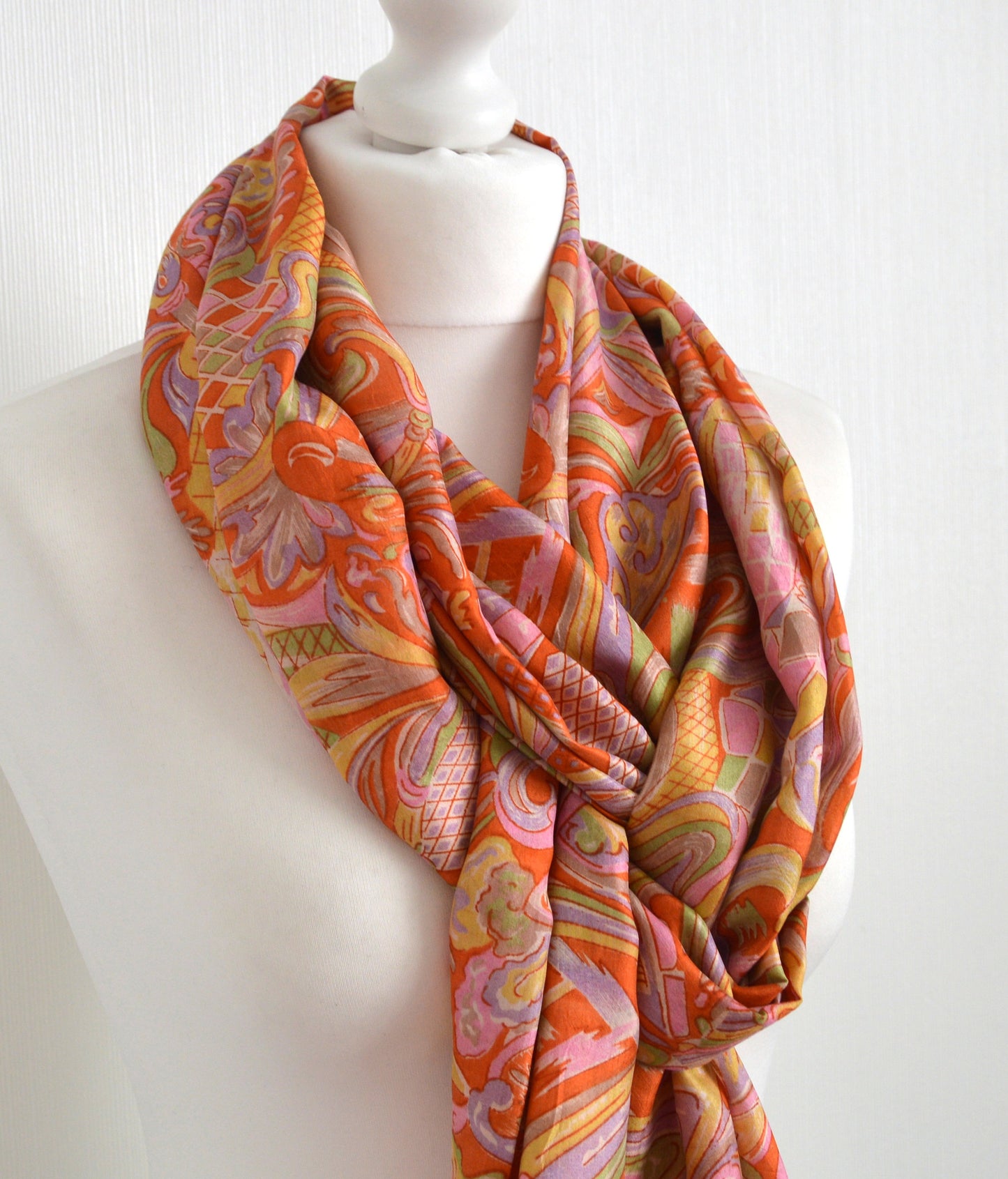 Orange Abstract Bohemian Upcycled Sari Silk Scarf - Eco Friendly Autumn Fall Winter Womens Scarf - Christmas Letterbox Lockdown Gift